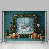Aperturee - Aperturee Rustic Christmas Photography Backdrop with Nutcrackers Snowy Cabin Painting Holiday Mini Session Background